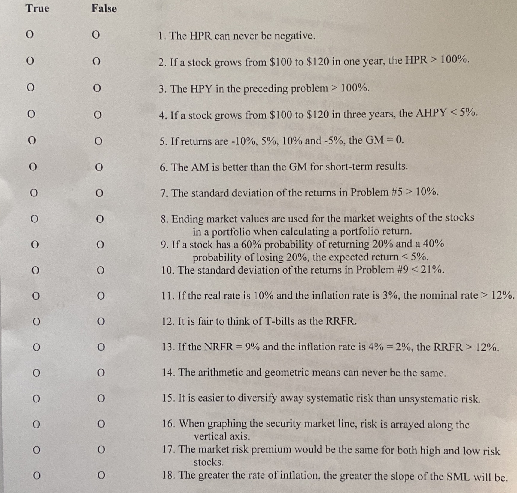 True False 1. The HPR can never be negative. O 2.