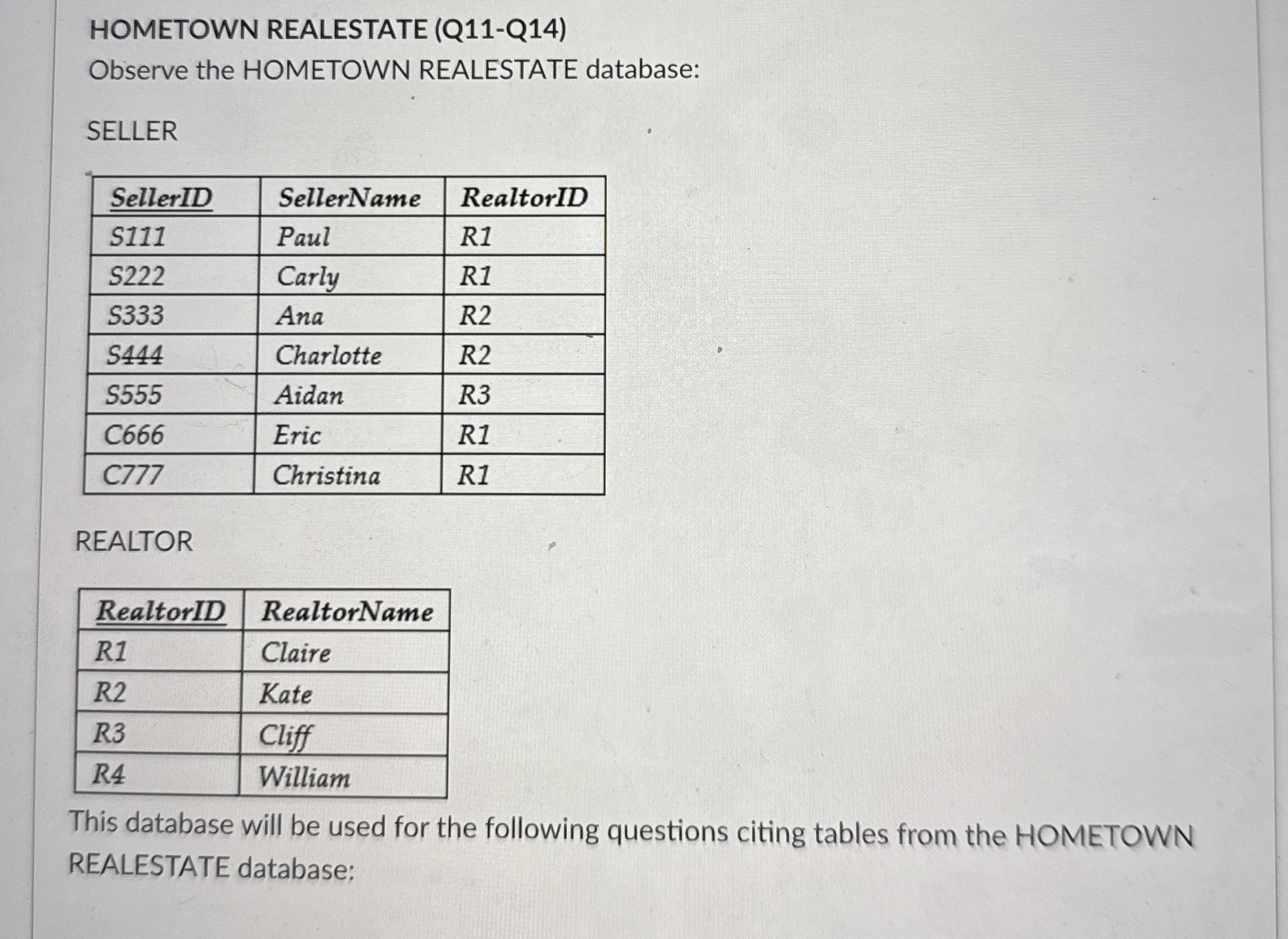 HOMETOWN REALESTATE ( Q 1 1 - Q 1 4 ) If a DBMS