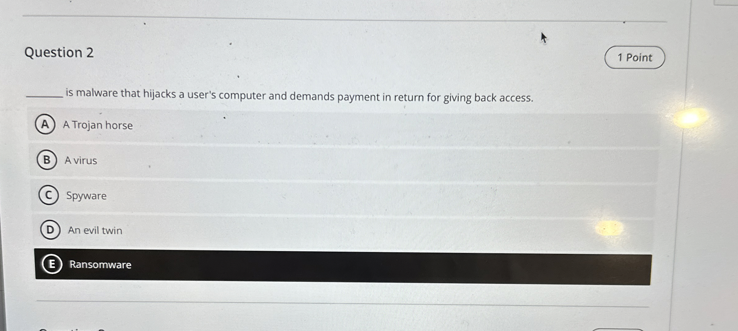 Question 2 is malware that hijacks a user's