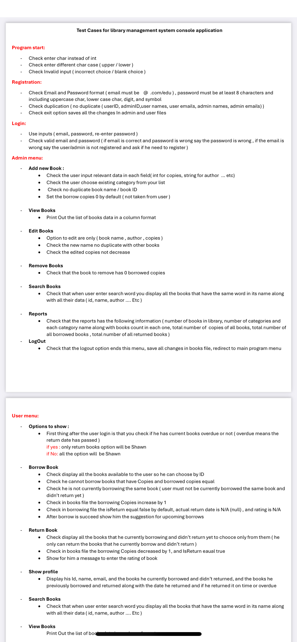 Test Cases for library management system console