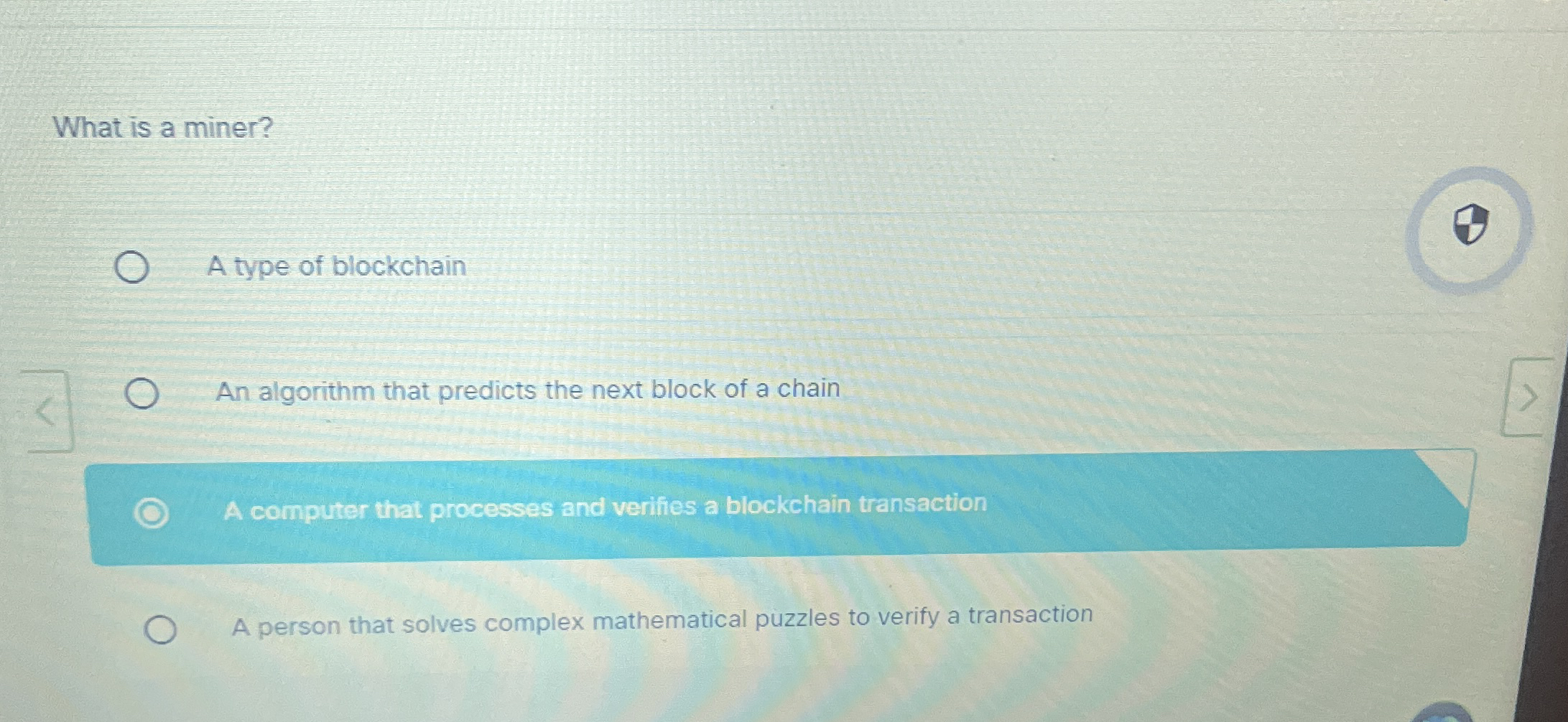 What is a miner? A type of blockchain An