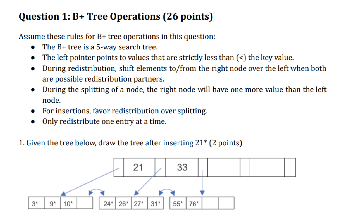 Question 1 : B + Tree Operations ( 2 6 points )