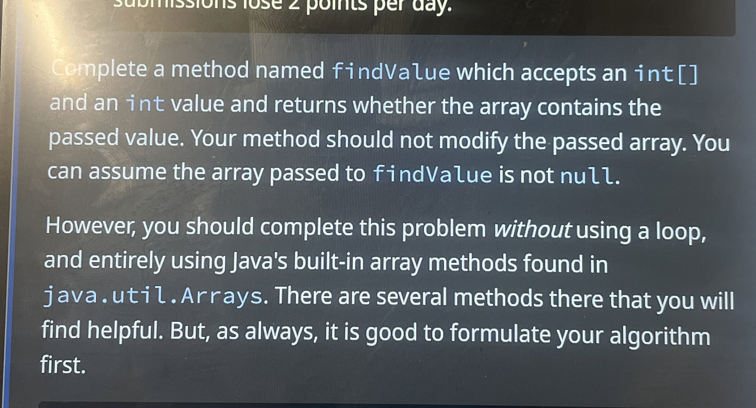 mplete a method named findValue which accepts an