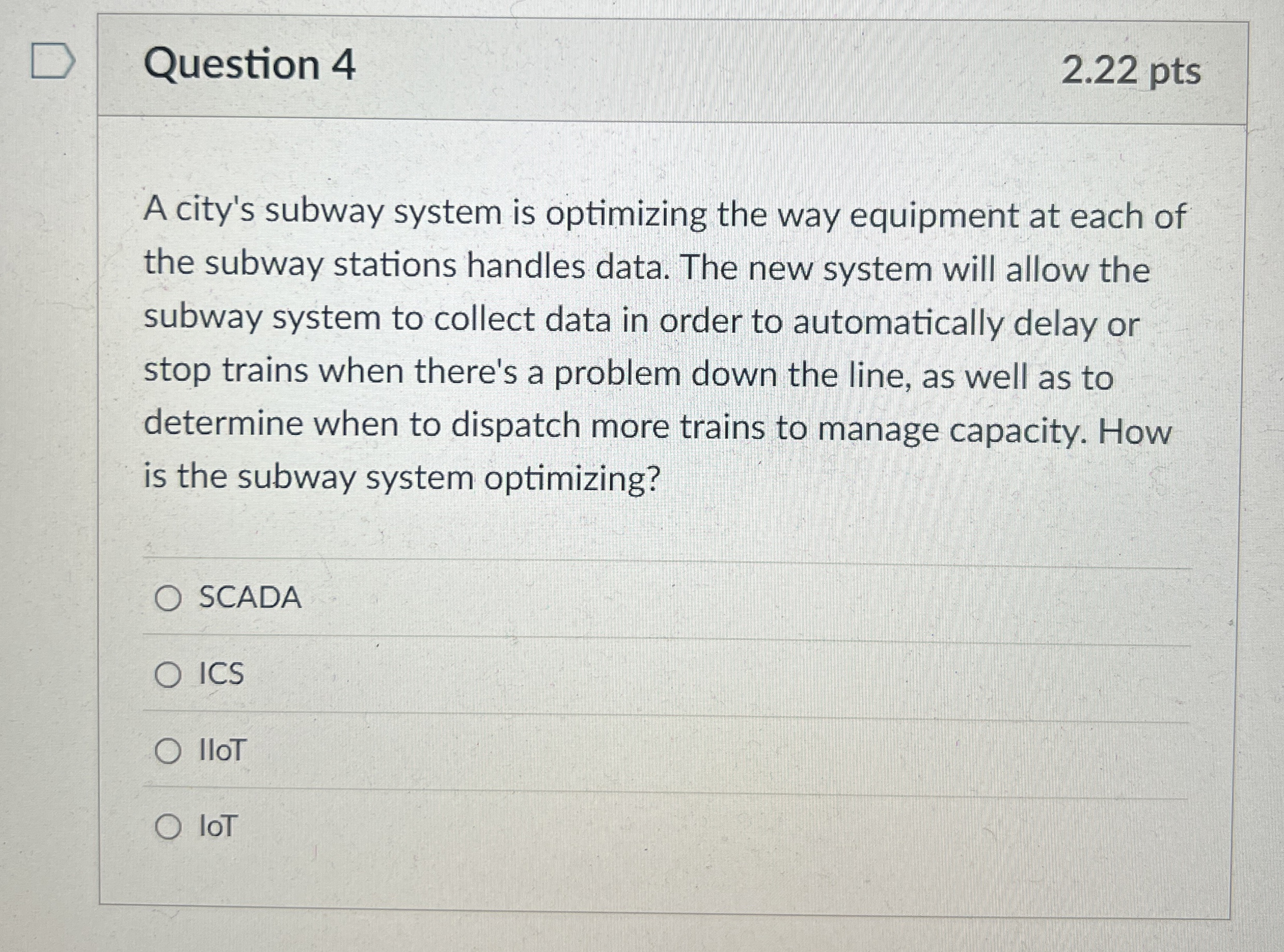 Question 4 2 . 2 2 pts A city's subway system is