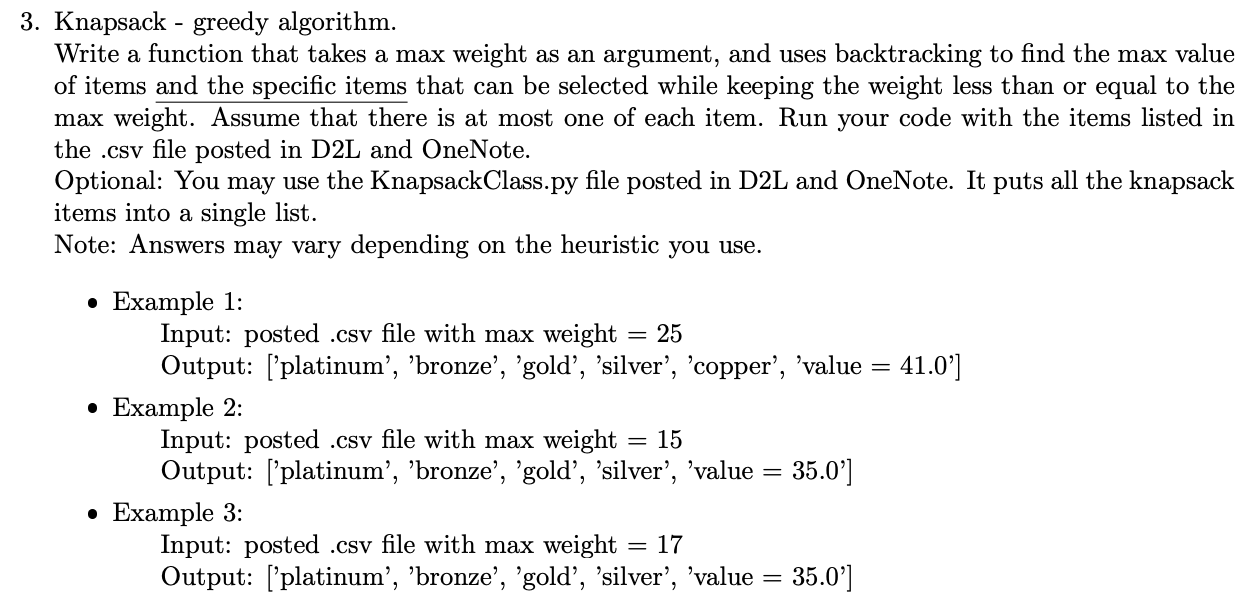 Knapsack - greedy algorithm. Write a function in