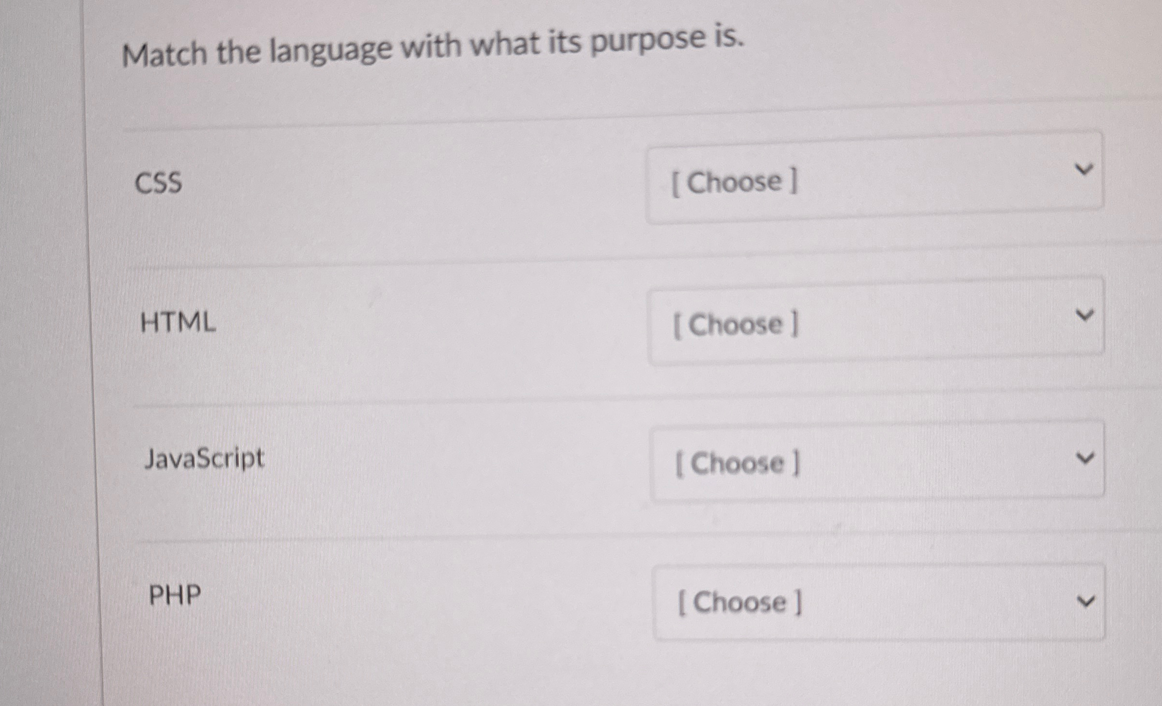 Match the language with what its purpose is . CSS
