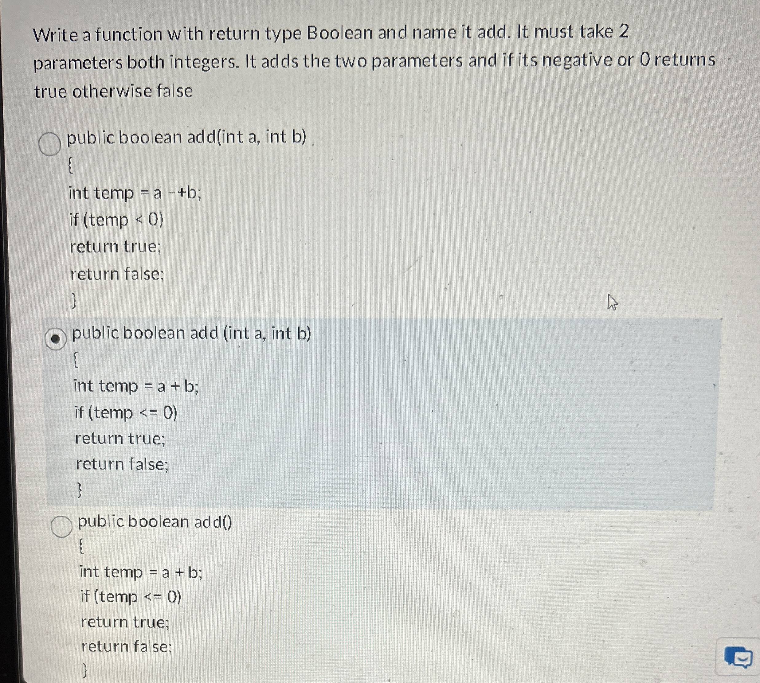 Write a function with return type Boolean and