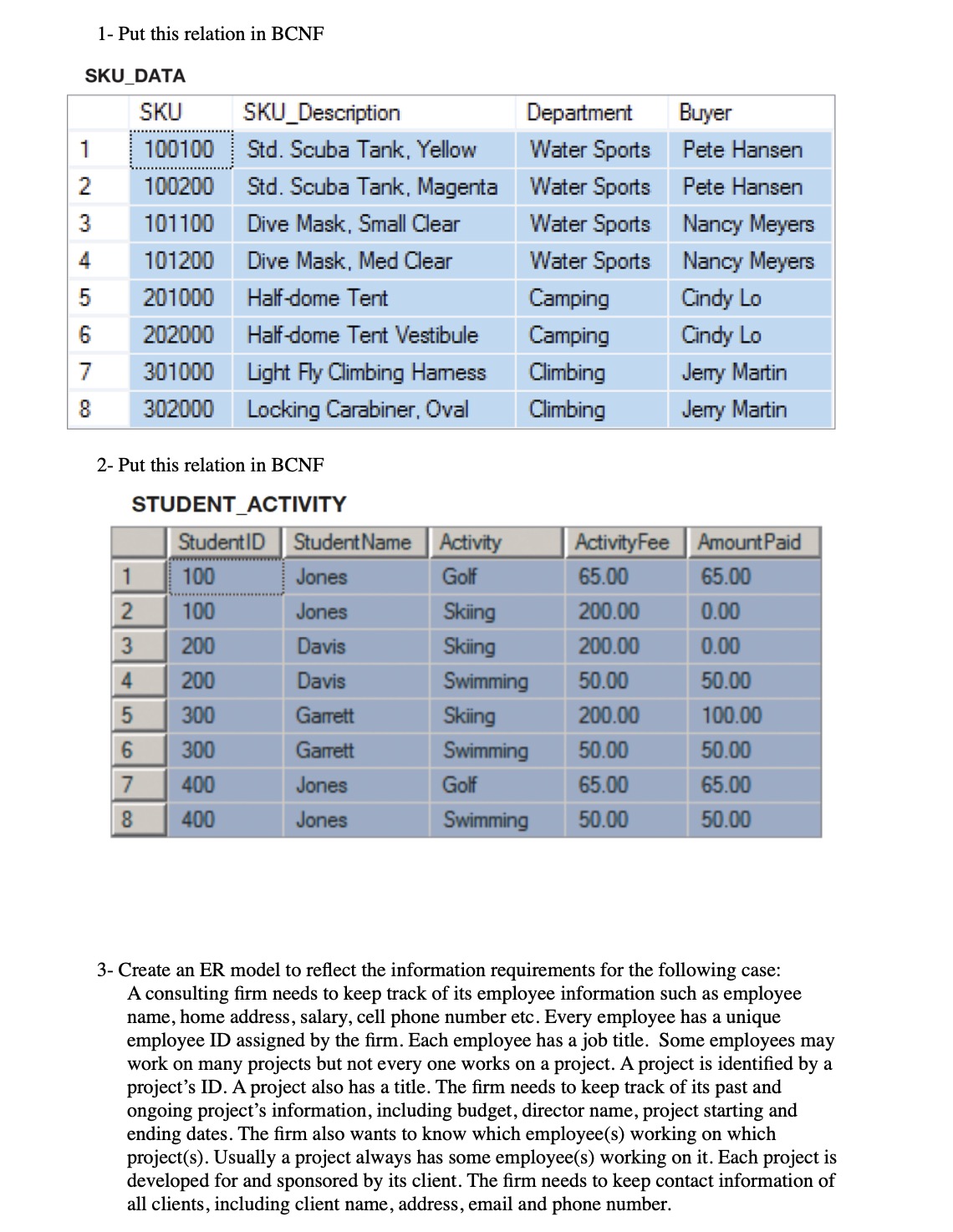 1 - Put this relation in BCNF SKU _ DATA 2 - Put