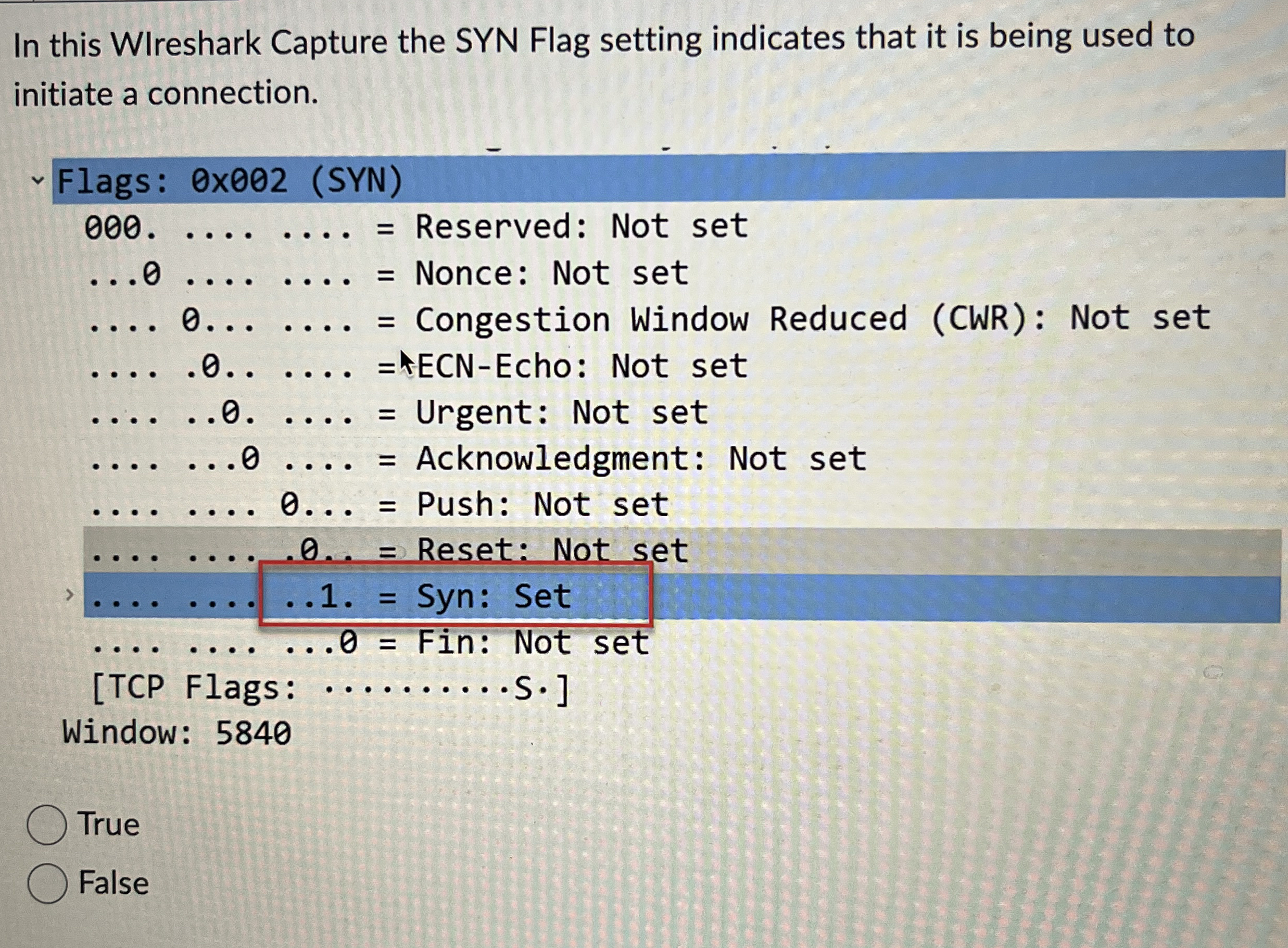 In this WIreshark Capture the SYN Flag setting