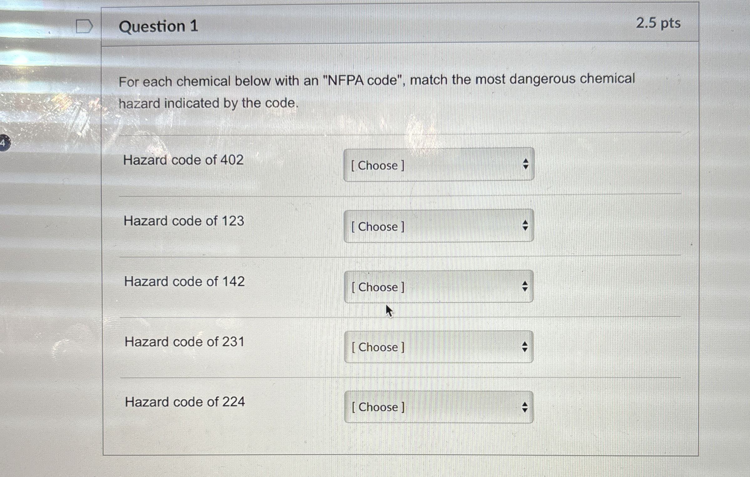 Question 1 For each chemical below with an "NFPA