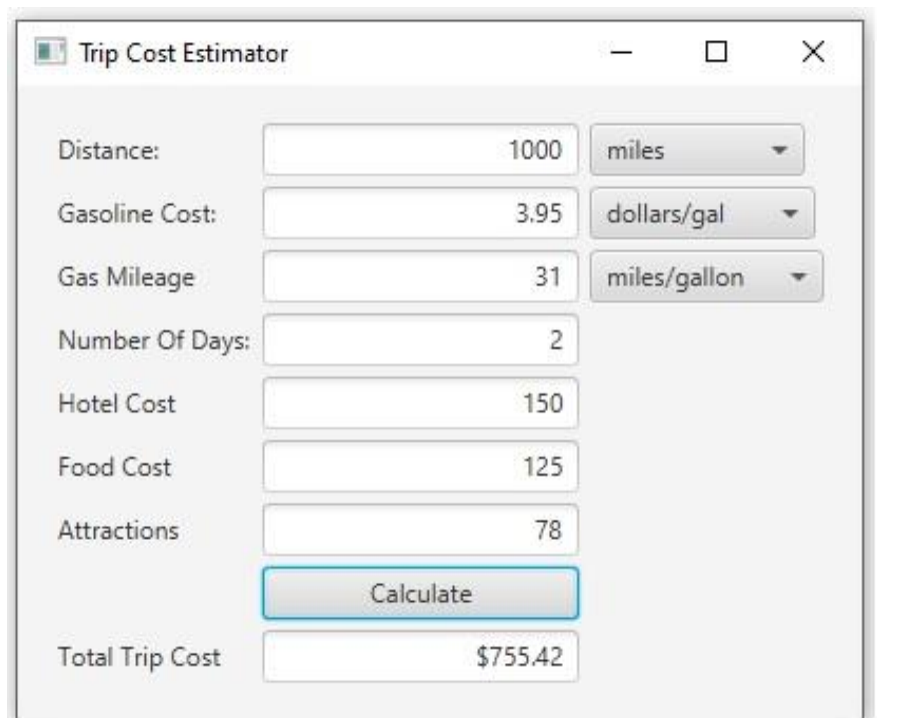 The text fields above the Calculate button are