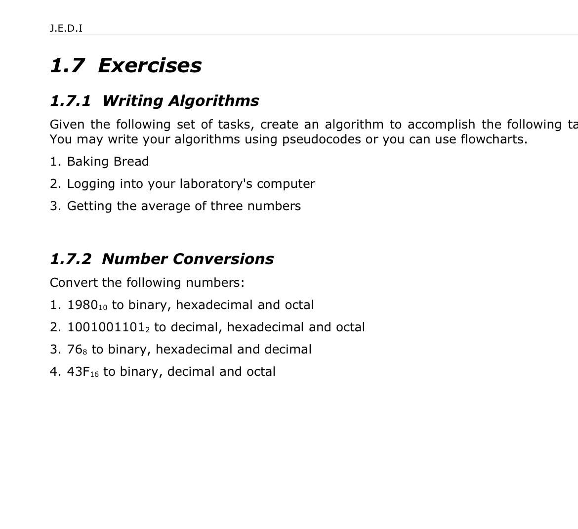 1 . 7 Exercises 1 . 7 . 1 Writing Algorithms