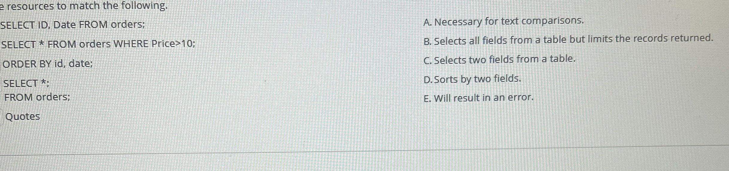 e resources to match the following. SELECT ID ,