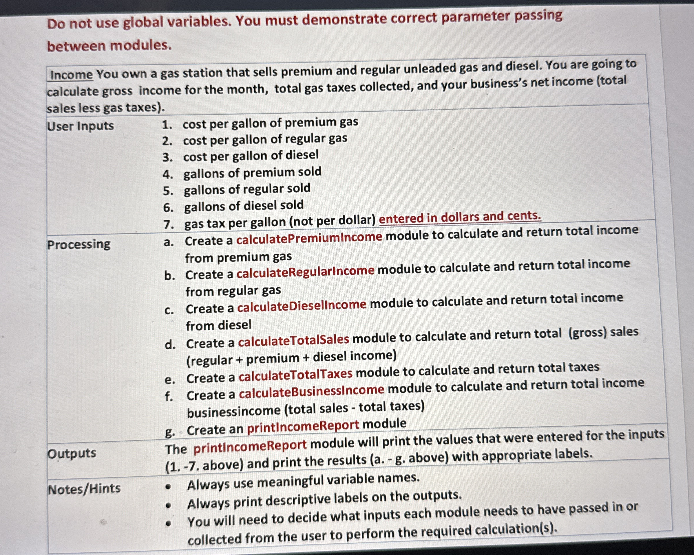 Do not use global variables. You must demonstrate