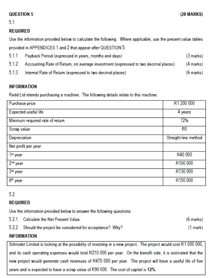 QUESTION 5 (20 MARKS) 5.1 REQUIRED Use the