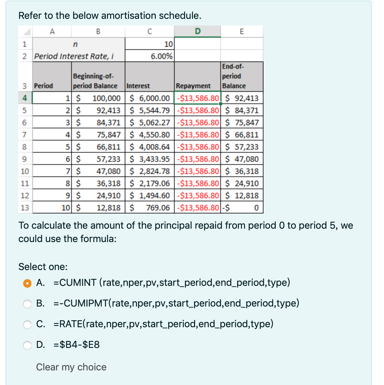 Refer to the below amortisation schedule. A B C D