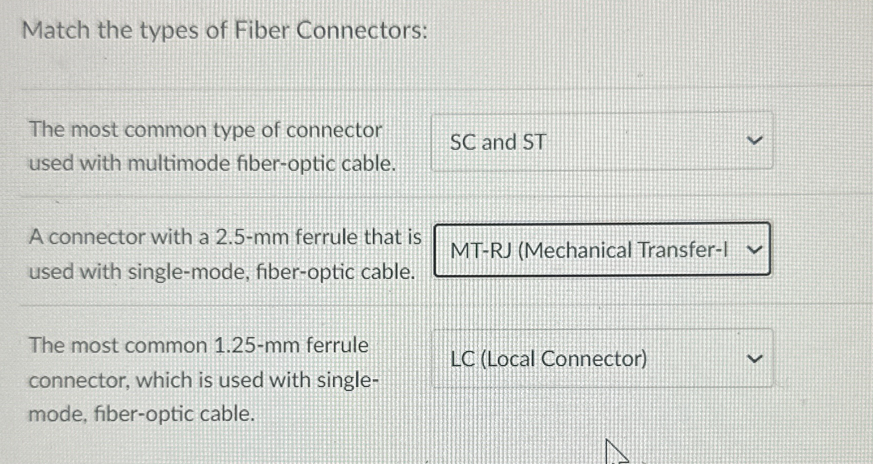 Match the types of Fiber Connectors: The most