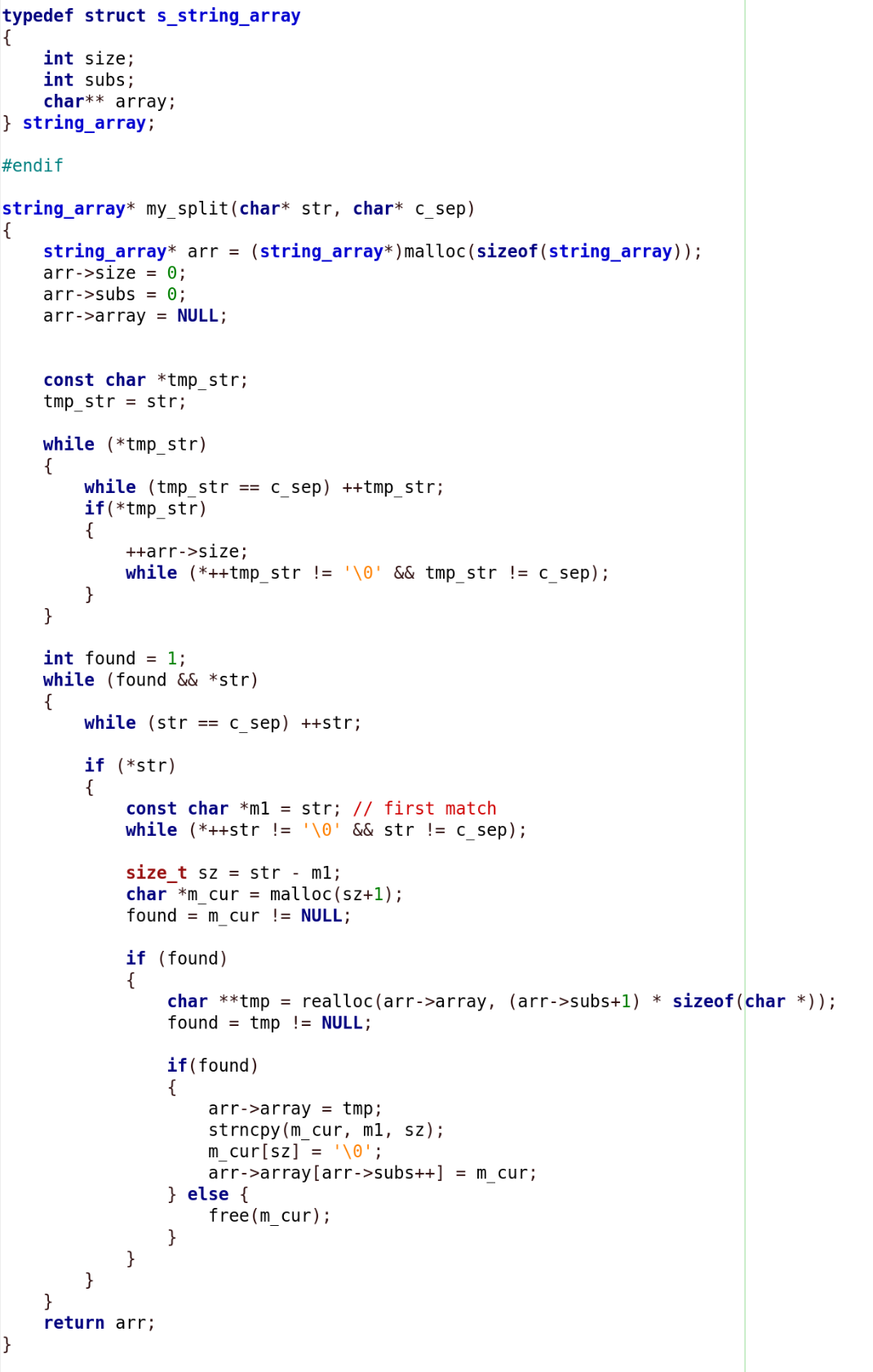 Write a function in C that splits a string of