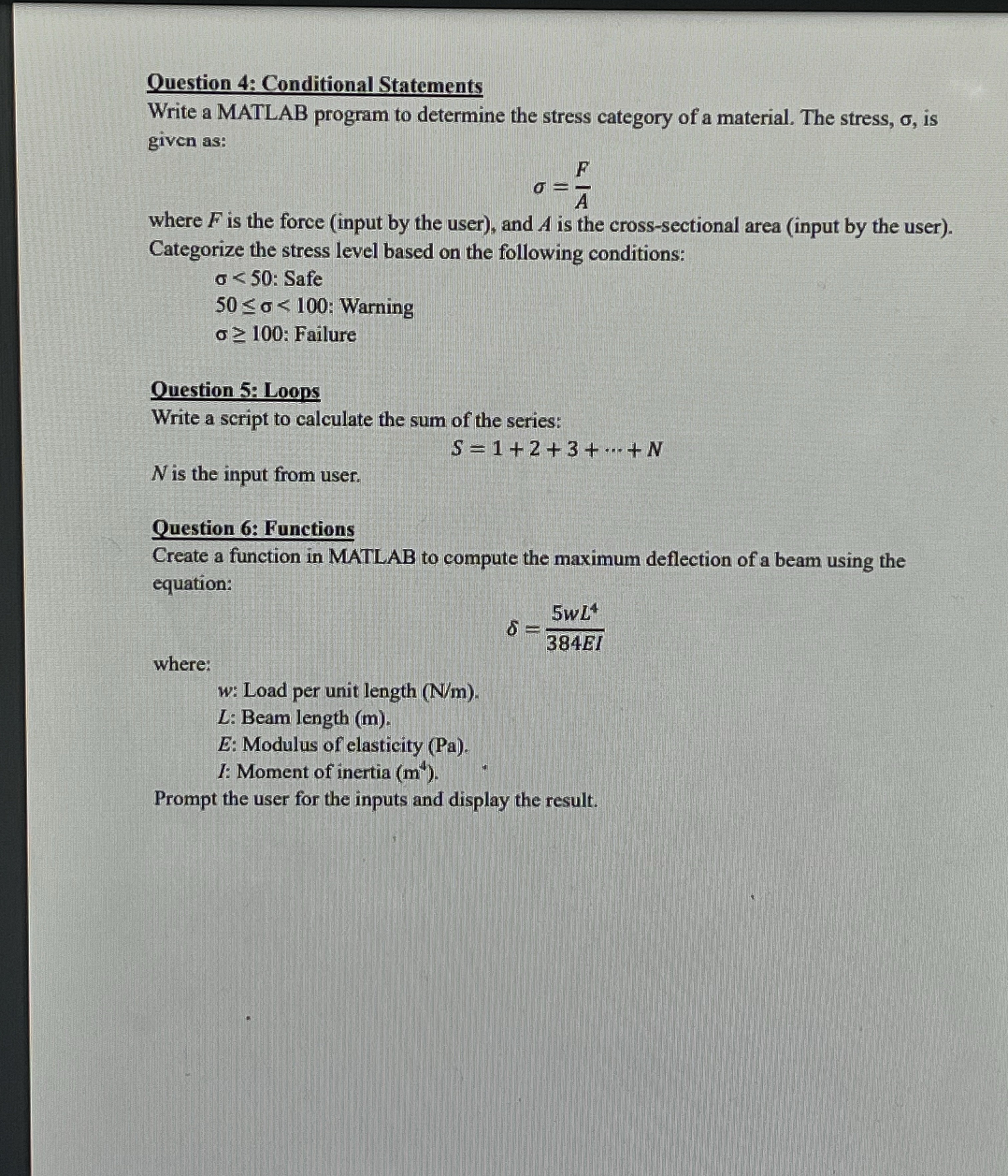 Ouestion 4 : Conditional Statements Write a