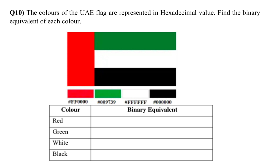Q 1 0 ) The colours of the UAE flag are