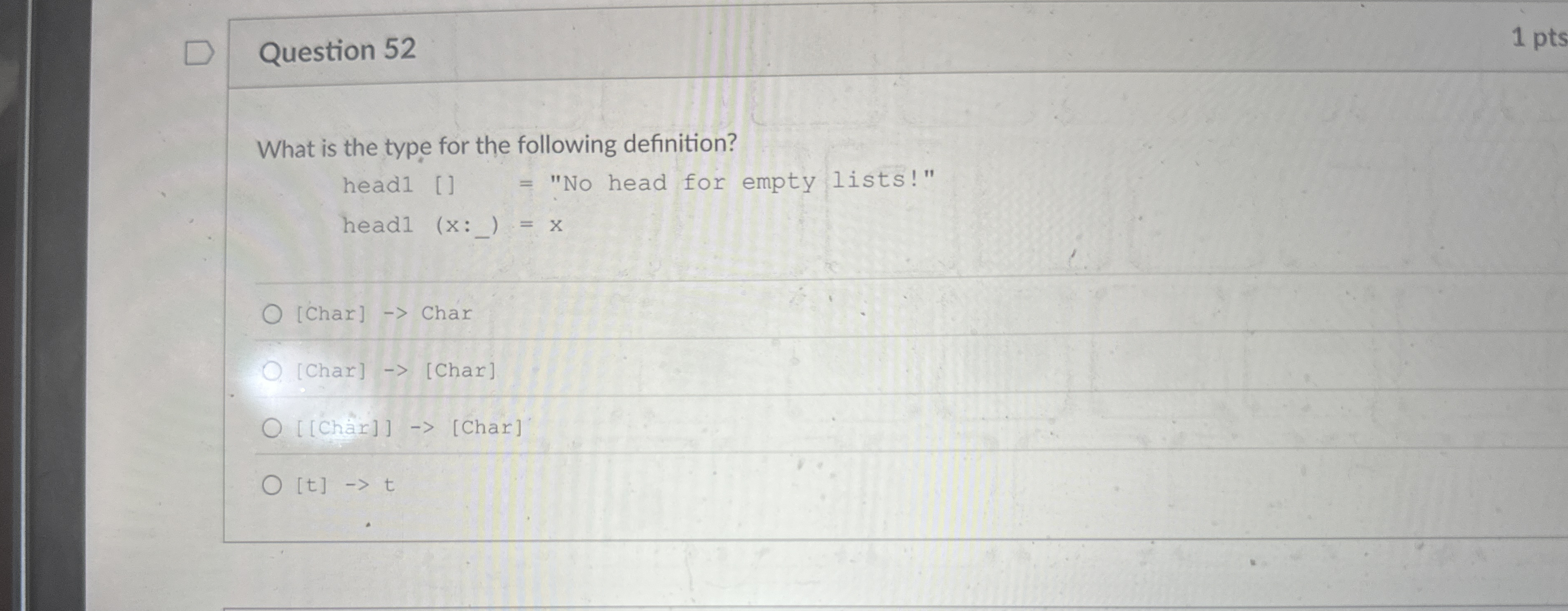 Question 5 2 1 pts What is the type for the