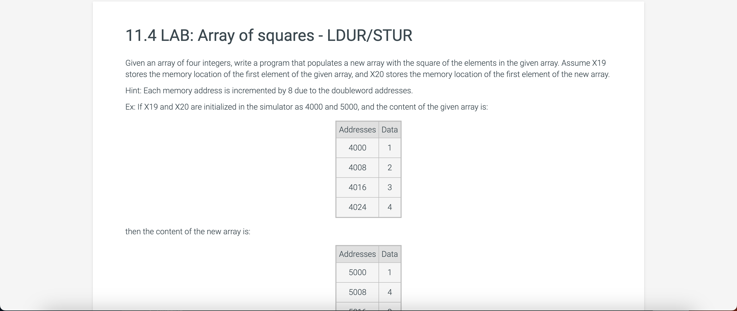 1 1 . 4 LAB: Array of squares - LDUR / STUR Given