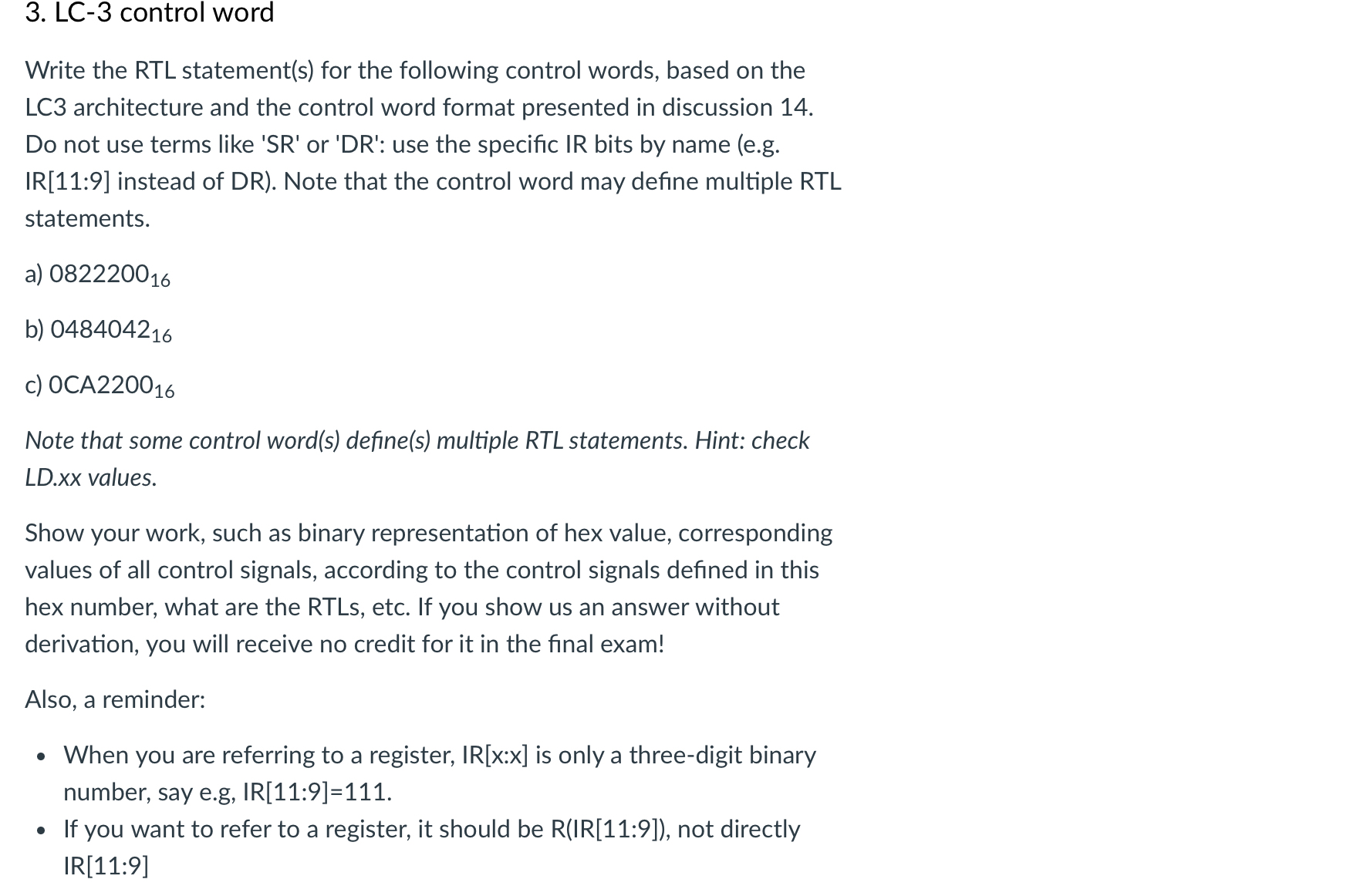 LC - 3 control word Write the RTL statement ( s )