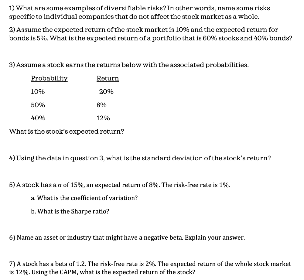 1) What are some examples of diversifiable risks?