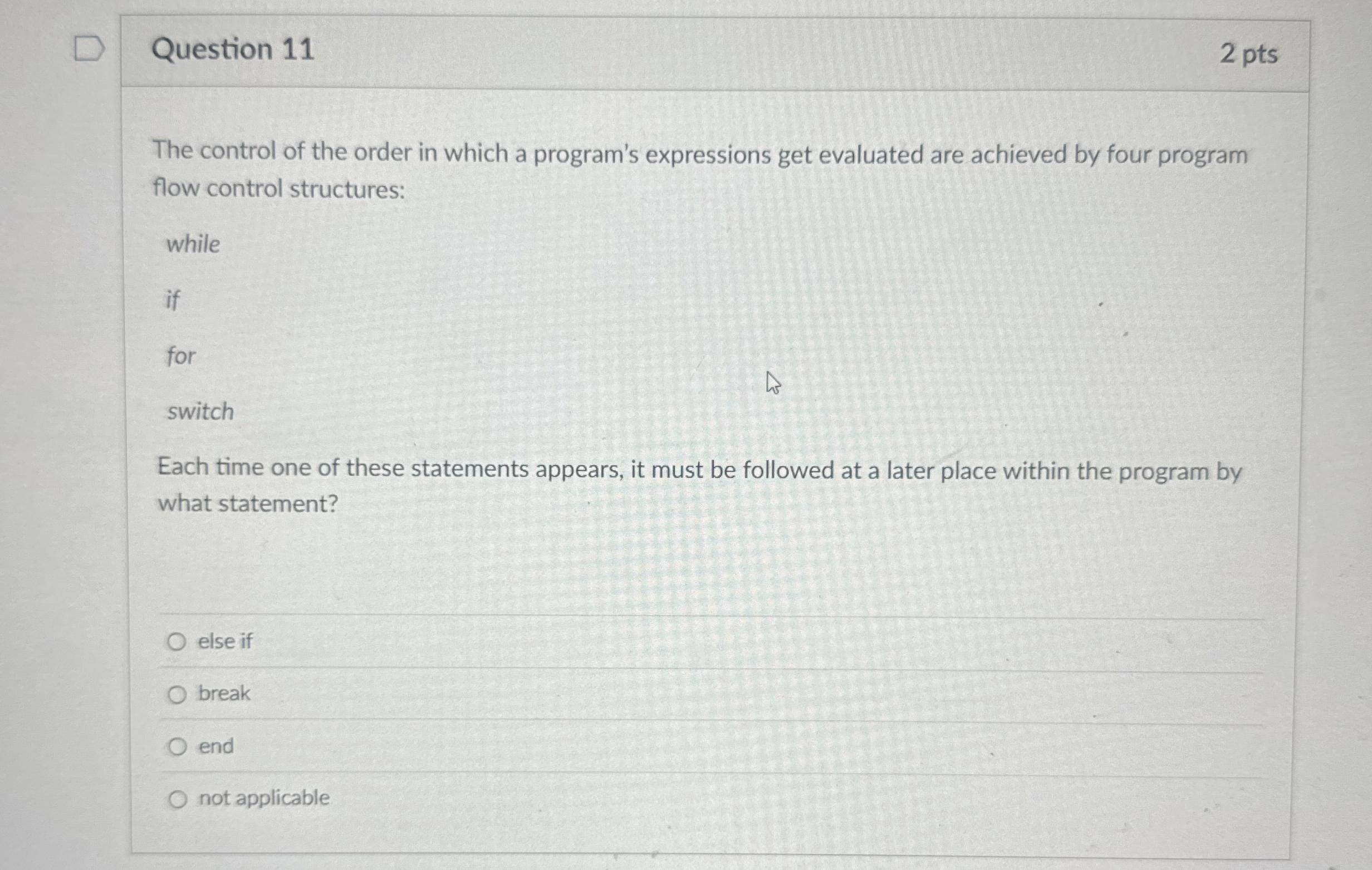 Question 1 1 2 pts The control of the order in