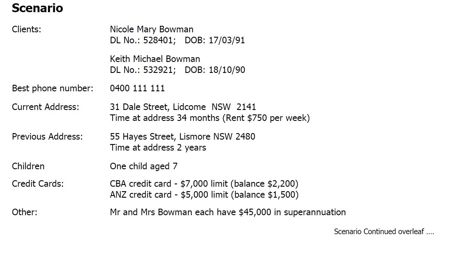 Scenario Clients: Nicole Mary Bowman DL No.: