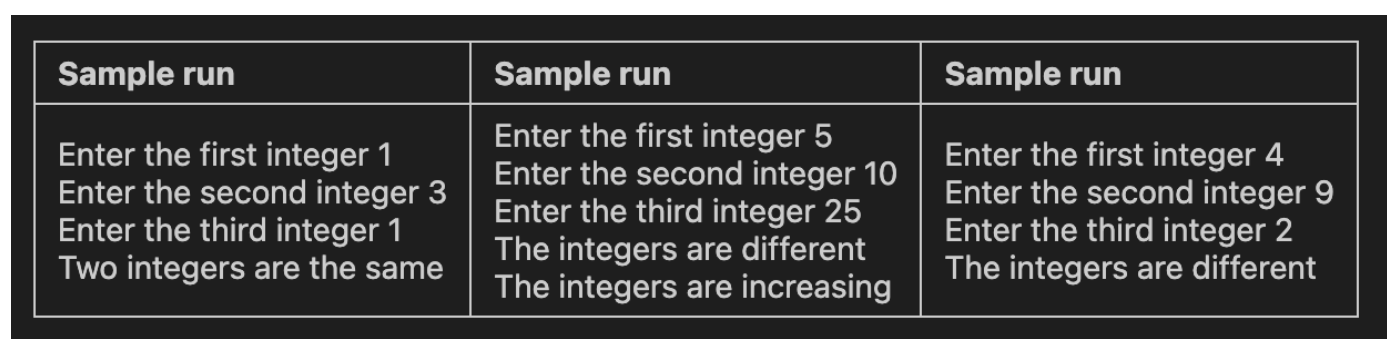Write a Java program that reads three integers n
