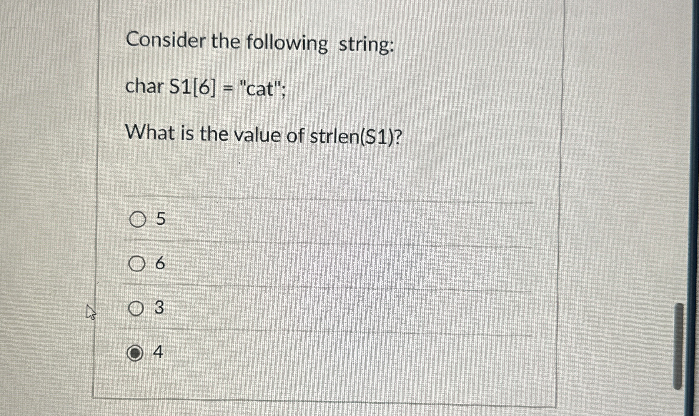 Consider the following string: char S 1 [ 6 ] =