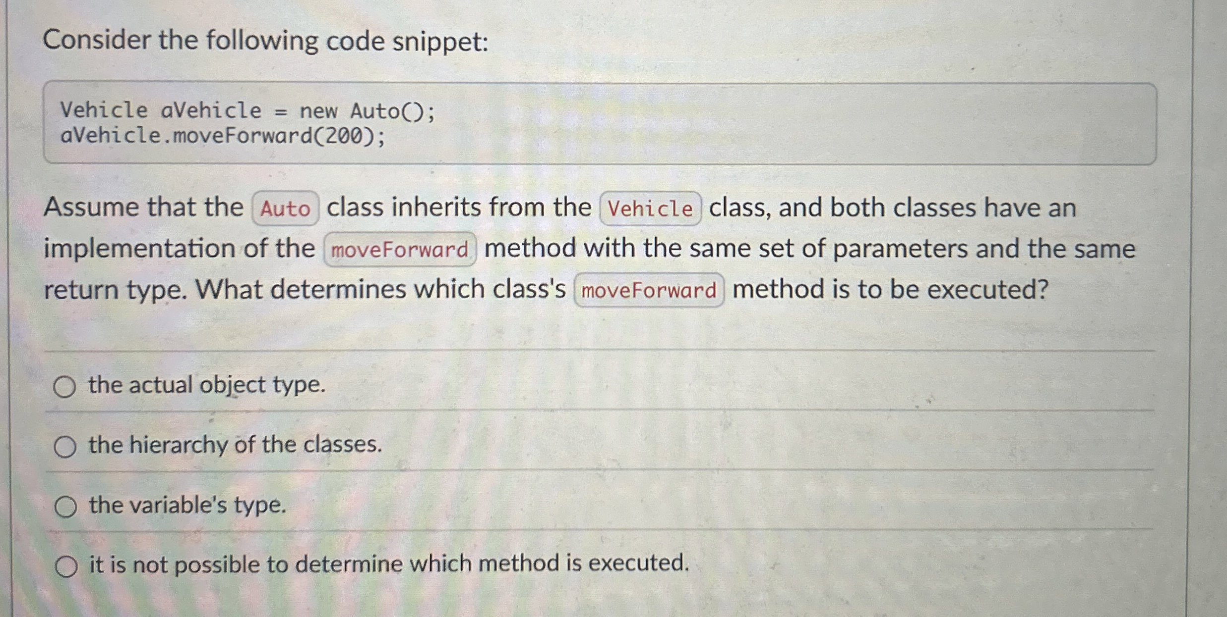 Consider the following code snippet: Vehicle