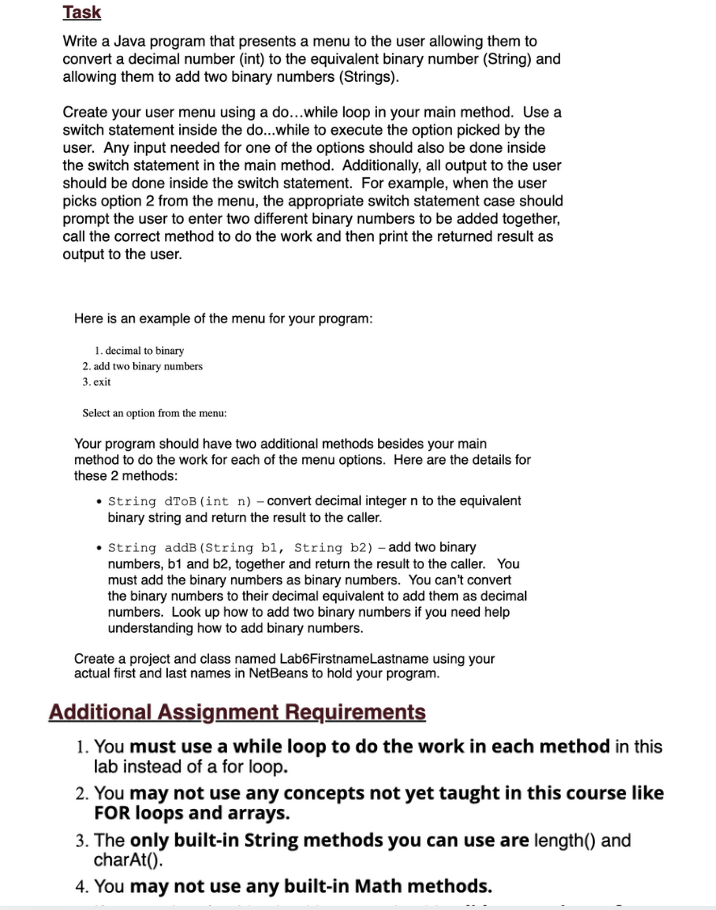 Task Write a Java program that presents a menu to
