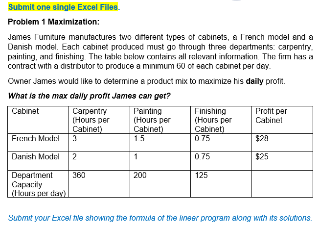 Submit one single Excel Files. Problem 1