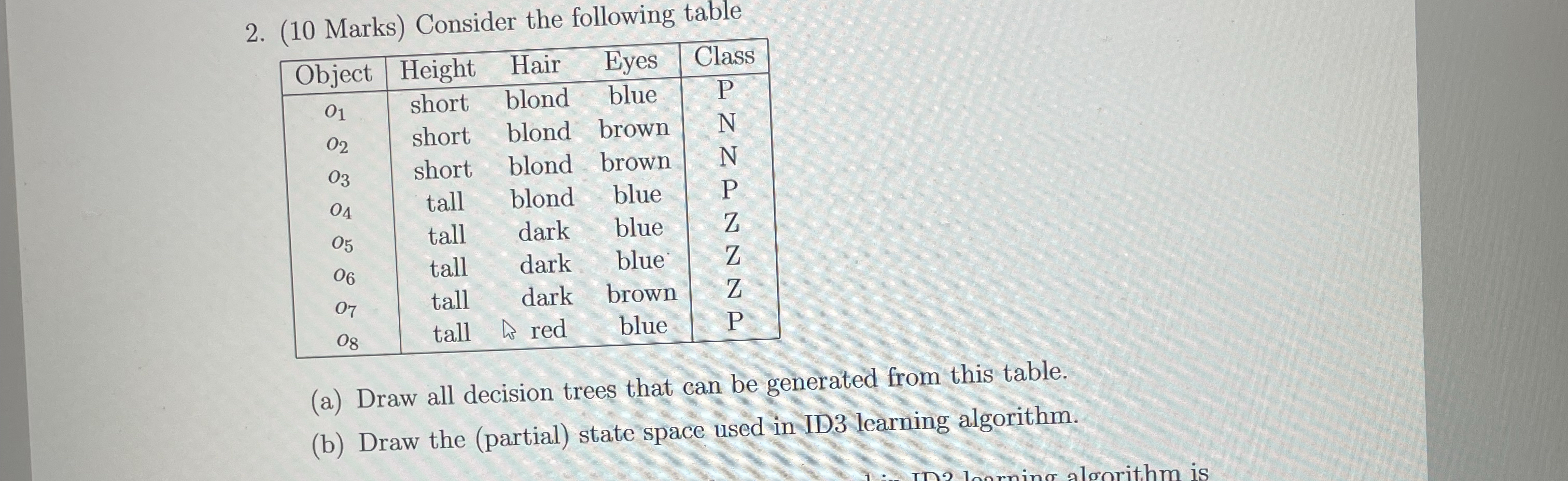 ( 1 0 Marks ) Consider the following table \