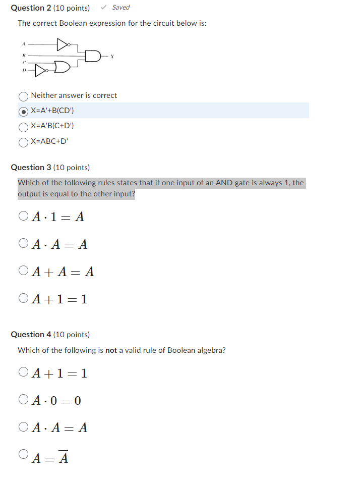 Question 2 ( 1 0 points ) The correct Boolean