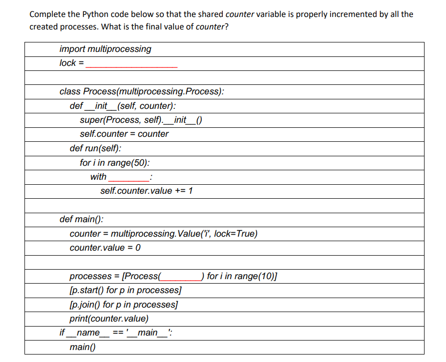Complete the Python code below so that the shared