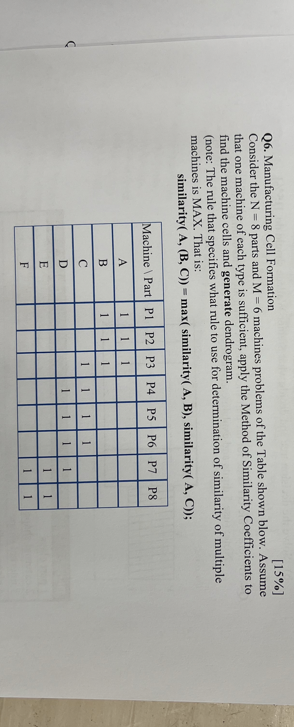 Q 6 . Manufacturing Cell Formation [ 1 5 % ]