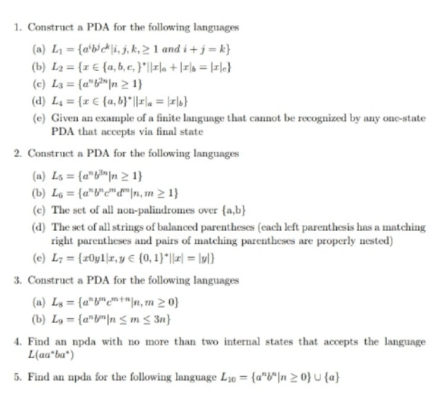 1 . Construct a PDA for the following languages (