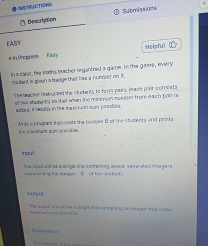 INSTRUCTIONS Description Submissions EASY In