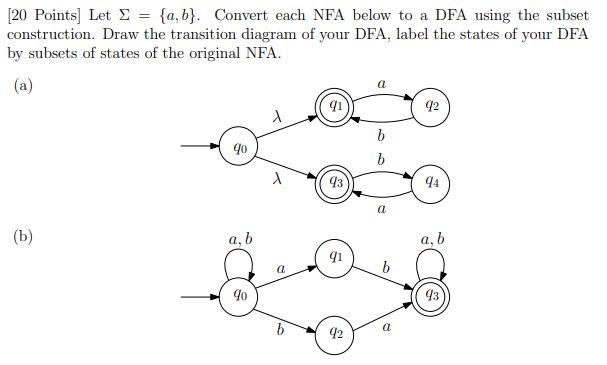 [ 2 0 Points ] Let = { a , b } . Convert each NFA
