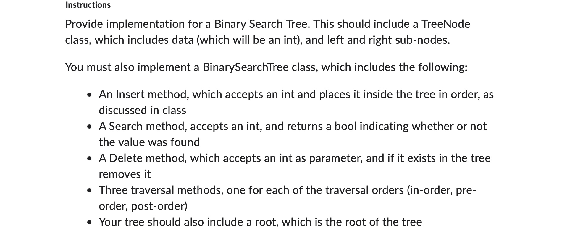 Instructions Provide implementation for a Binary