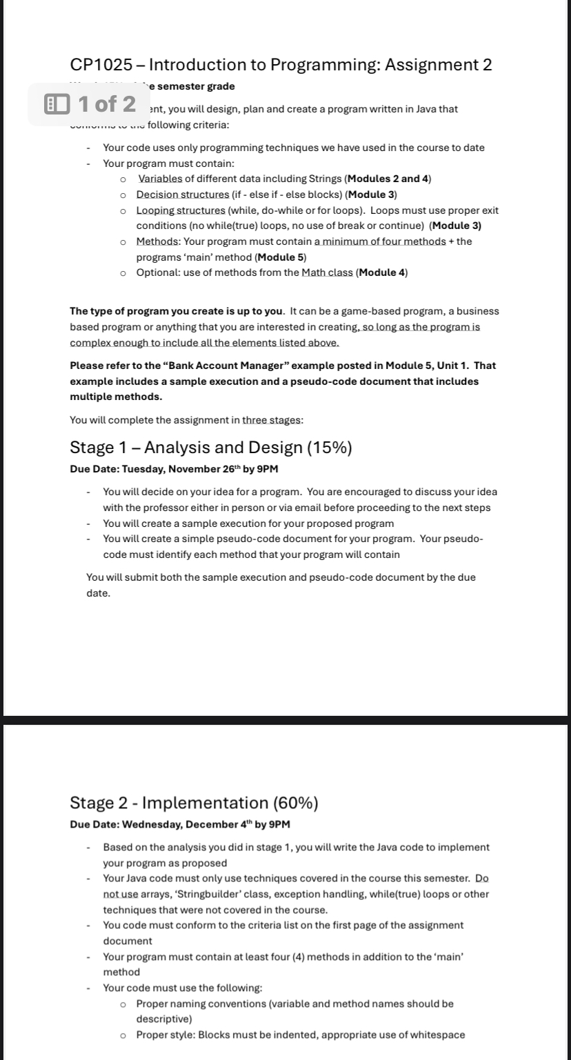 CP 1 0 2 5 - Introduction to Programming: