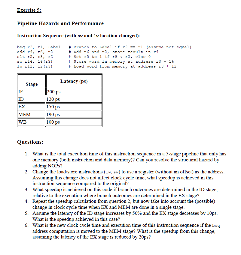 Exercise 5 : Pipeline Hazards and Performance