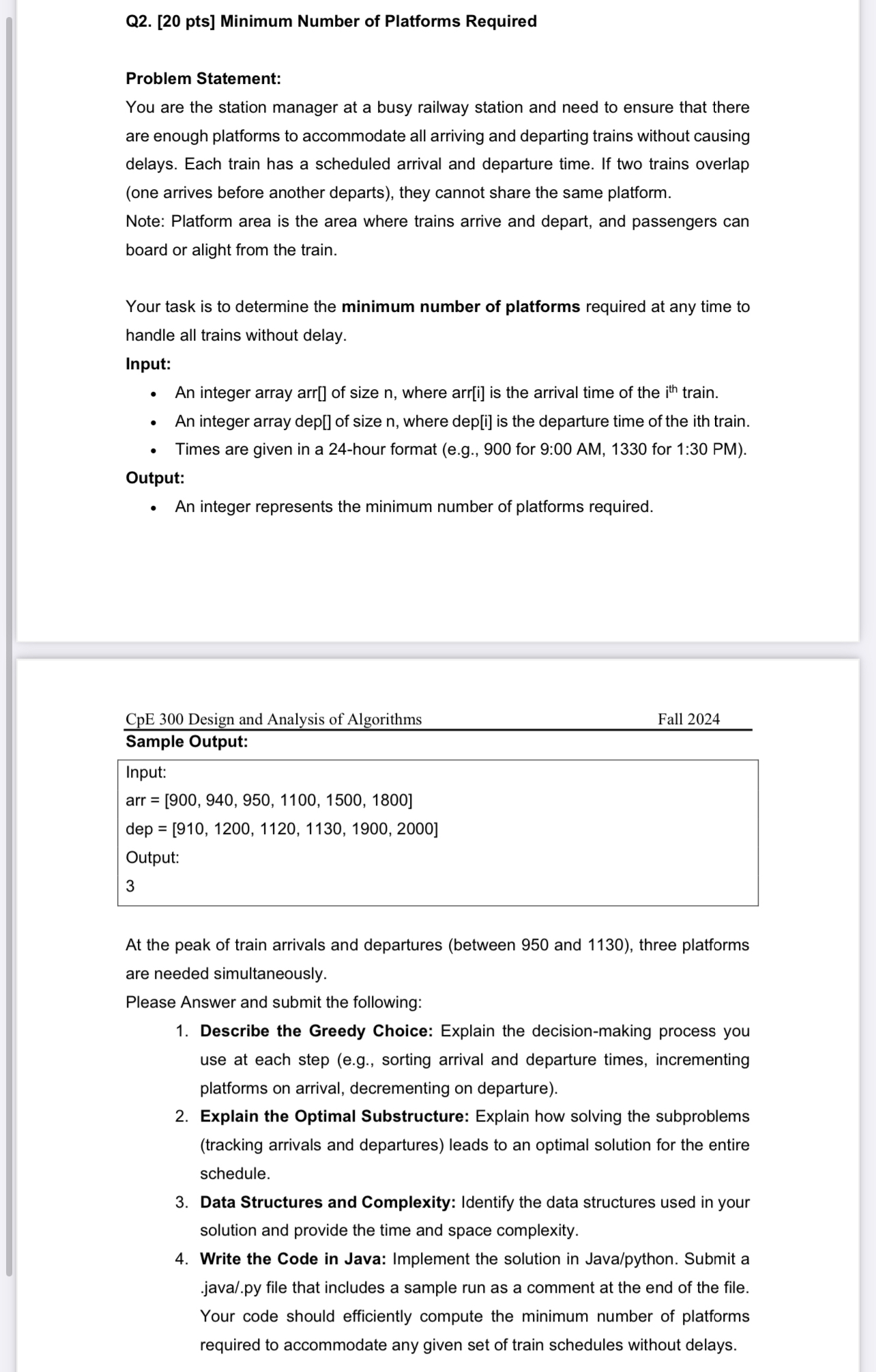 Q 2 . [ 2 0 pts ] Minimum Number of Platforms