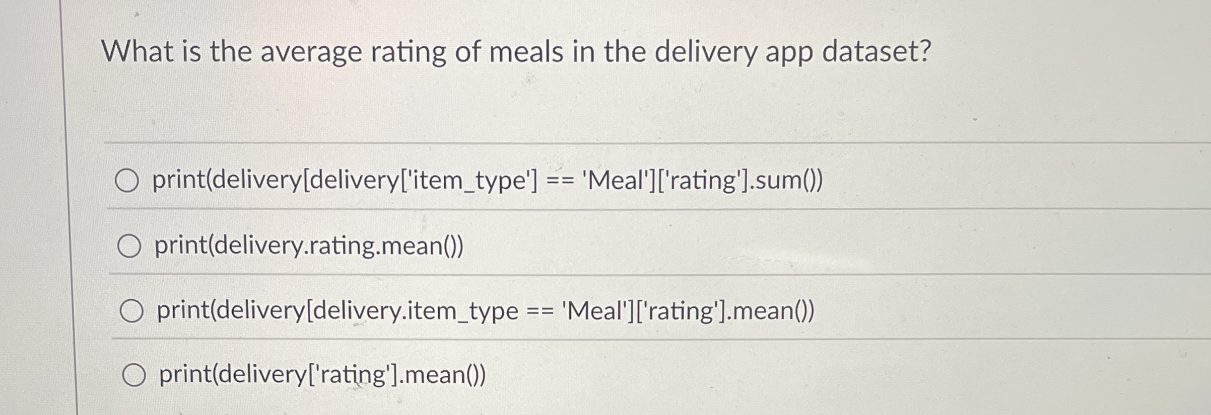 What is the average rating of meals in the