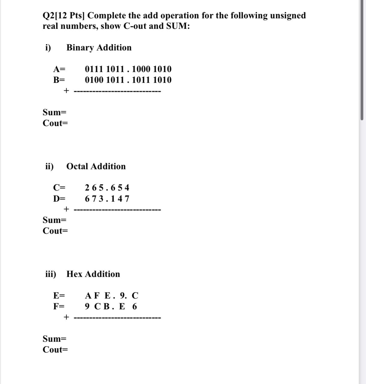 Q 2 [ 1 2 Pts ] Complete the add operation for
