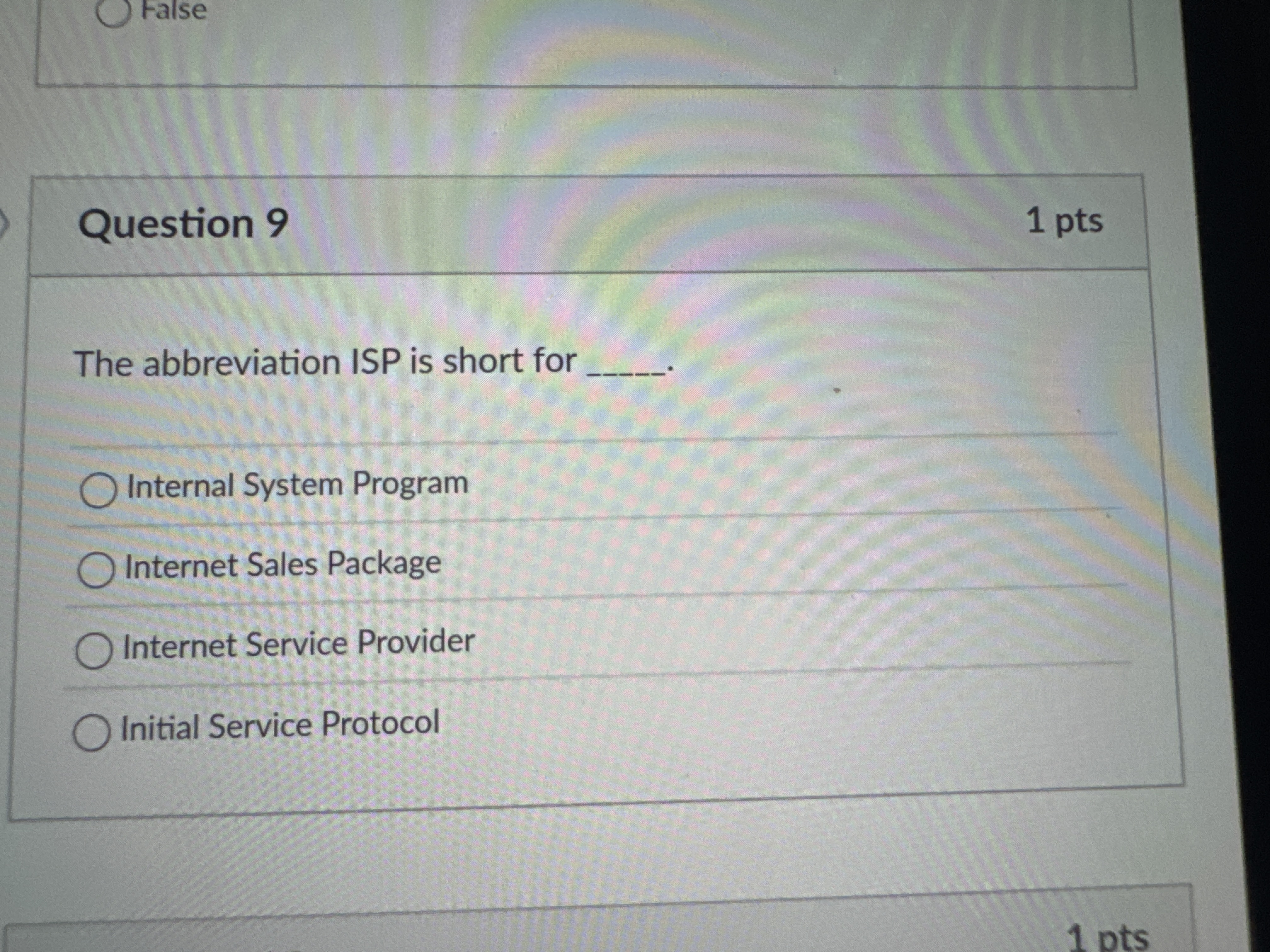 Question 9 The abbreviation ISP is short