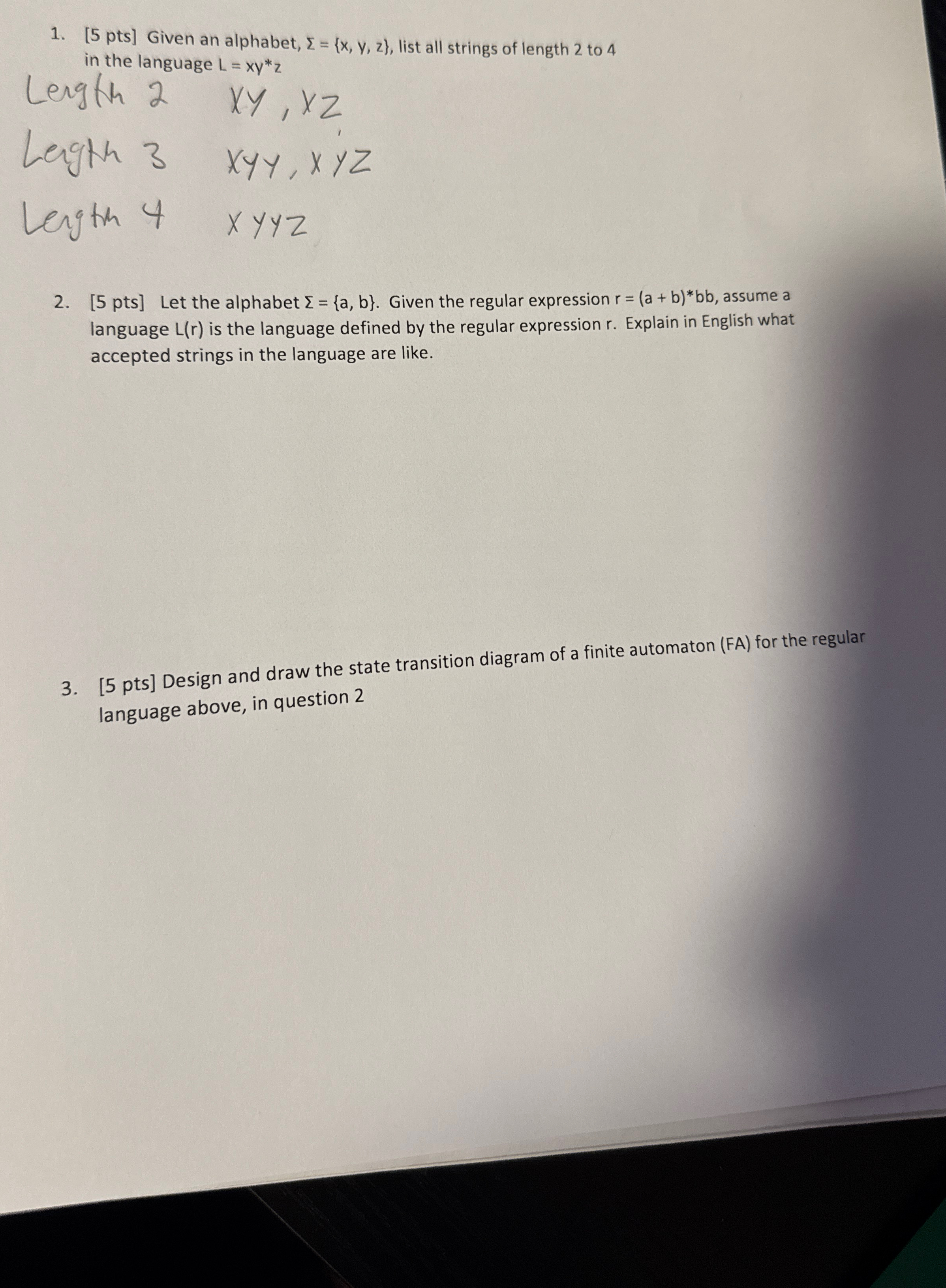 [ 5 pts ] Given an alphabet, = { x , y , z } ,